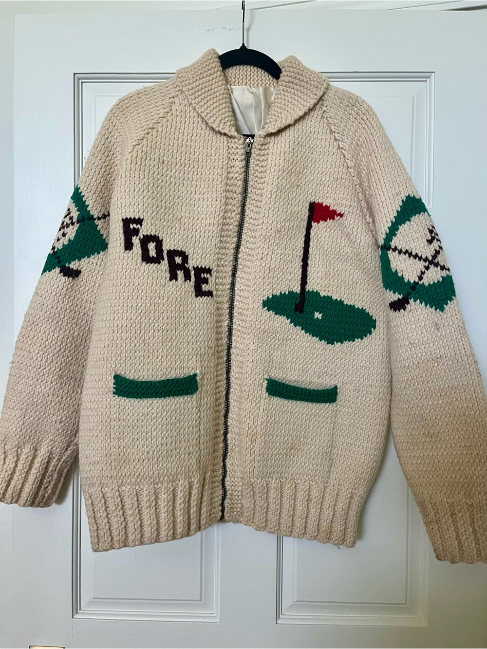 Vintage 1960s Hand Knit Golf Cowichan Sweater Jacket, Lined Chunky Wool Novelty